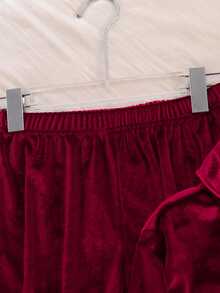 Kids Tween Girl 2pcs/Girls Wine Ruffle Trim Pajama Set Soft Lapel Sleep LoungewearSuitable For Outdoor Wear - Burgundy - View 6
