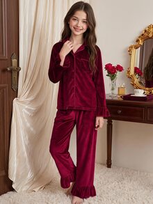 Kids Tween Girl 2pcs/Girls Wine Ruffle Trim Pajama Set Soft Lapel Sleep LoungewearSuitable For Outdoor Wear - Burgundy - View 3