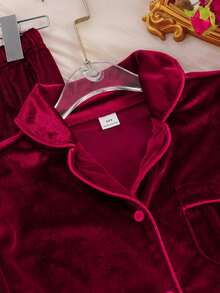 Kids Tween Girl 2pcs/Girls Wine Ruffle Trim Pajama Set Soft Lapel Sleep LoungewearSuitable For Outdoor Wear - Burgundy - View 4