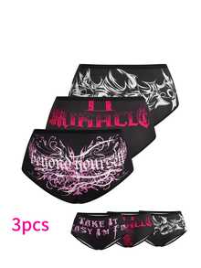 AltBold Celana Dalam Segitiga Wanita 3 Potong Gaya Gothic Y2K dengan Motif Huruf dan Bunga Warna Kontras Gelap - MultiWarna - View 2