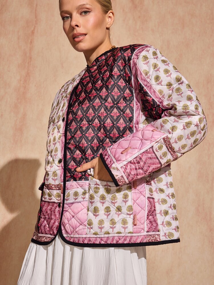 Bóhologie Women's Multicolor Patchwork Quilted Jacket, Collarless Snap-Button Boho Coat, Winter Outerwear - Multicolor - View 6
