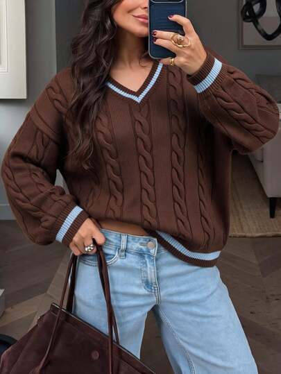 SHEIN V Neck Cable Knit Brown Striped Sweater Contrast Edges Relaxed Fit Soft Everyday Jumper Contrast Trim Casual Pullover Top School Autumn Winter