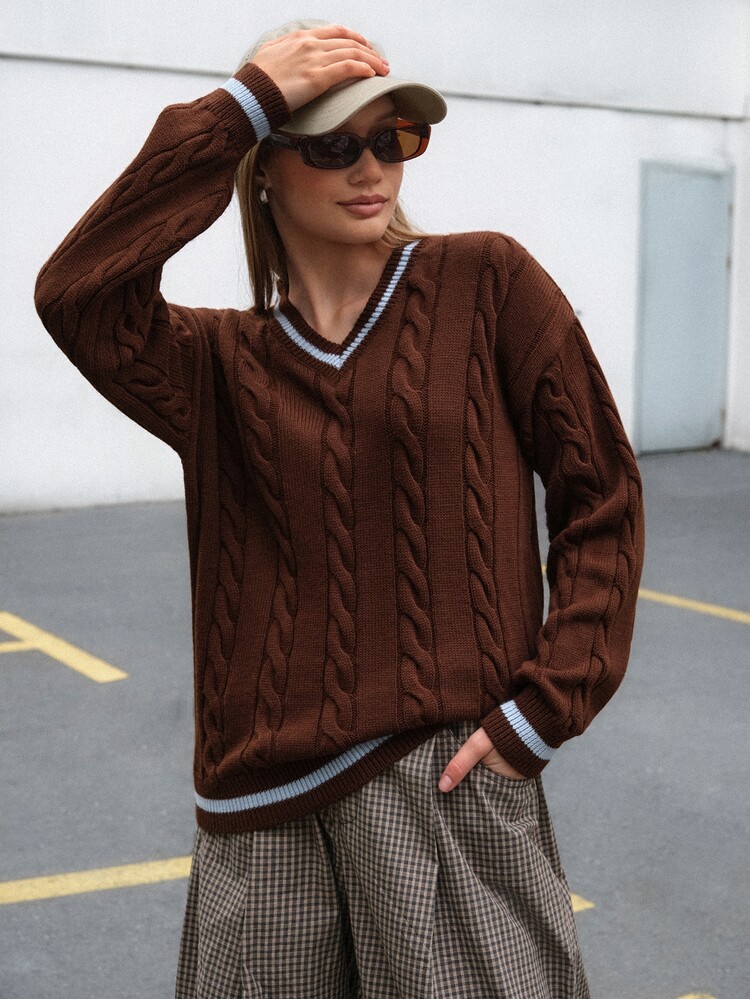 SHEIN V Neck Cable Knit Brown Striped Sweater Contrast Edges Relaxed Fit Soft Everyday Jumper Contrast Trim Casual Pullover Top School Autumn Winter - Brown - View 6