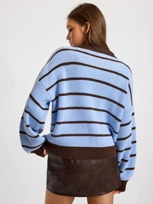 SHEIN Light Brown Collared Knit Sweater, Soft Wool Blend Ribbed Texture, Polo Neck Long Sleeve Pullover, Relaxed Oversized Fit, Casual Autumn School - Blue - View 9