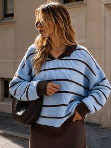 SHEIN Light Brown Collared Knit Sweater, Soft Wool Blend Ribbed Texture, Polo Neck Long Sleeve Pullover, Relaxed Oversized Fit, Casual Autumn School - Blue - View 3