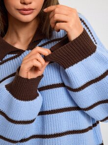 SHEIN Light Brown Collared Knit Sweater, Soft Wool Blend Ribbed Texture, Polo Neck Long Sleeve Pullover, Relaxed Oversized Fit, Casual Autumn School - Blue - View 8