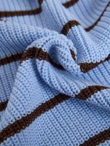 SHEIN Light Brown Collared Knit Sweater, Soft Wool Blend Ribbed Texture, Polo Neck Long Sleeve Pullover, Relaxed Oversized Fit, Casual Autumn School - Blue - View 10