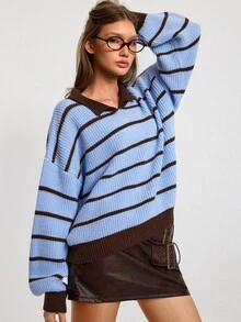 SHEIN Light Brown Collared Knit Sweater, Soft Wool Blend Ribbed Texture, Polo Neck Long Sleeve Pullover, Relaxed Oversized Fit, Casual Autumn School - Blue - View 7
