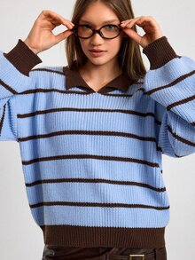 SHEIN Light Brown Collared Knit Sweater, Soft Wool Blend Ribbed Texture, Polo Neck Long Sleeve Pullover, Relaxed Oversized Fit, Casual Autumn School - Blue - View 5