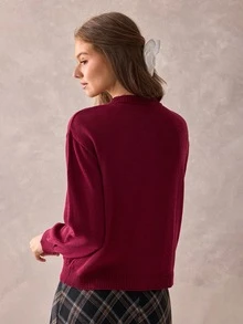 SHEIN Women's Basic Burgundy Knitted Cardigan With Different Pocket Pattern - Burgundy - View 3
