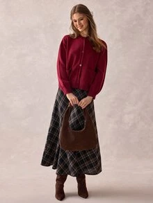 SHEIN Women's Basic Burgundy Knitted Cardigan With Different Pocket Pattern - Burgundy - View 7
