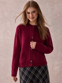 SHEIN Women's Basic Burgundy Knitted Cardigan With Different Pocket Pattern - Burgundy - View 4