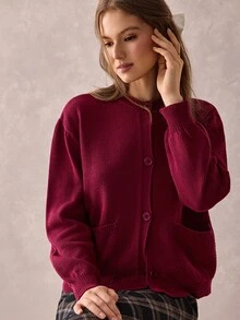 SHEIN Women's Basic Burgundy Knitted Cardigan With Different Pocket Pattern - Burgundy - View 8