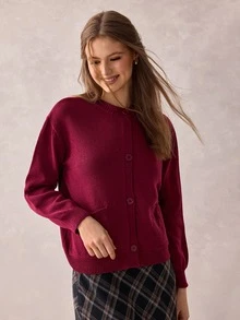 SHEIN Women's Basic Burgundy Knitted Cardigan With Different Pocket Pattern - Burgundy - View 5