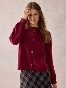 SHEIN Women's Basic Burgundy Knitted Cardigan With Different Pocket Pattern - Burgundy - View 2