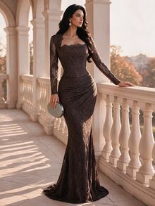 Coutiva Women's Lace Ruched Long Sleeve Mermaid Evening Gown Dress - Coffee Brown - View 8