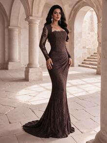 Coutiva Women's Lace Ruched Long Sleeve Mermaid Evening Gown Dress - Coffee Brown - View 1