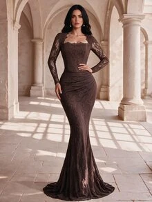 Coutiva Women's Lace Ruched Long Sleeve Mermaid Evening Gown Dress - Coffee Brown - View 6