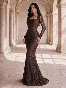 Coutiva Women's Lace Ruched Long Sleeve Mermaid Evening Gown Dress - Coffee Brown - View 7