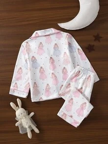 SHEIN 女嬰甜美可愛優雅親膚柔軟舒適休閒日常卡通芭蕾仙女蝴蝶結公主皇冠印花前開襟針織長袖上衣與長褲2件套家居服睡衣 - 彩色 - 查看 2