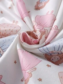 SHEIN 女嬰甜美可愛優雅親膚柔軟舒適休閒日常卡通芭蕾仙女蝴蝶結公主皇冠印花前開襟針織長袖上衣與長褲2件套家居服睡衣 - 彩色 - 查看 5