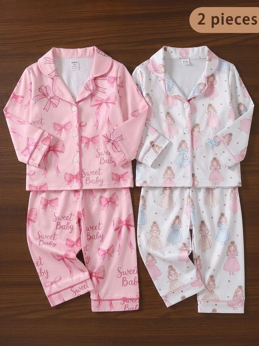 SHEIN 女嬰甜美可愛優雅親膚柔軟舒適休閒日常卡通芭蕾仙女蝴蝶結公主皇冠印花前開襟針織長袖上衣與長褲2件套家居服睡衣 - 彩色 - 查看 1
