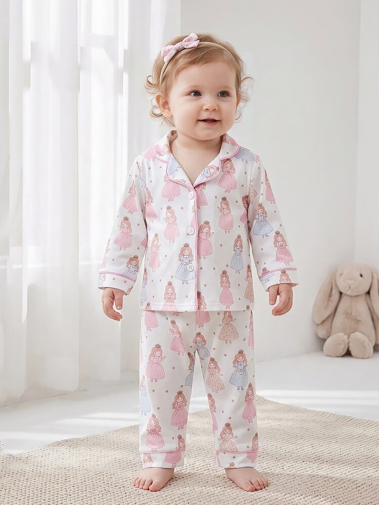 SHEIN Baby Girl Sweet Cute Elegant Skin-Friendly Soft Comfortable Casual Daily Cartoon Ballet Fairy Bow Princess Crown Print Open Front Knit Long Sleeve Top And Pants 2 Pieces Set Loungewear Pajamas - Multicolor - View 7