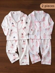SHEIN 女嬰甜美可愛優雅親膚柔軟舒適休閒日常卡通芭蕾仙女蝴蝶結公主皇冠印花前開襟針織長袖上衣與長褲2件套家居服睡衣 - 彩色 - 查看 6