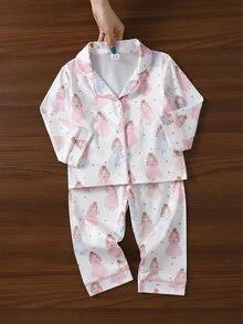 SHEIN 女嬰甜美可愛優雅親膚柔軟舒適休閒日常卡通芭蕾仙女蝴蝶結公主皇冠印花前開襟針織長袖上衣與長褲2件套家居服睡衣 - 彩色 - 查看 3