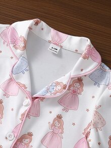 SHEIN 女嬰甜美可愛優雅親膚柔軟舒適休閒日常卡通芭蕾仙女蝴蝶結公主皇冠印花前開襟針織長袖上衣與長褲2件套家居服睡衣 - 彩色 - 查看 9