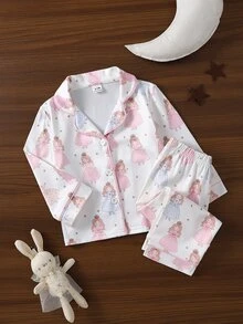 SHEIN 女嬰甜美可愛優雅親膚柔軟舒適休閒日常卡通芭蕾仙女蝴蝶結公主皇冠印花前開襟針織長袖上衣與長褲2件套家居服睡衣 - 彩色 - 查看 4