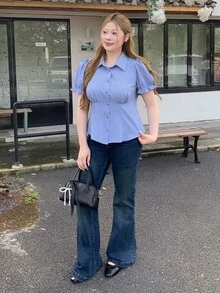 Bijouette 春夏梭織條紋大尺碼單排扣襯衫 - 藍色 - 查看 5