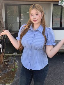 Bijouette 春夏梭織條紋大尺碼單排扣襯衫 - 藍色 - 查看 4