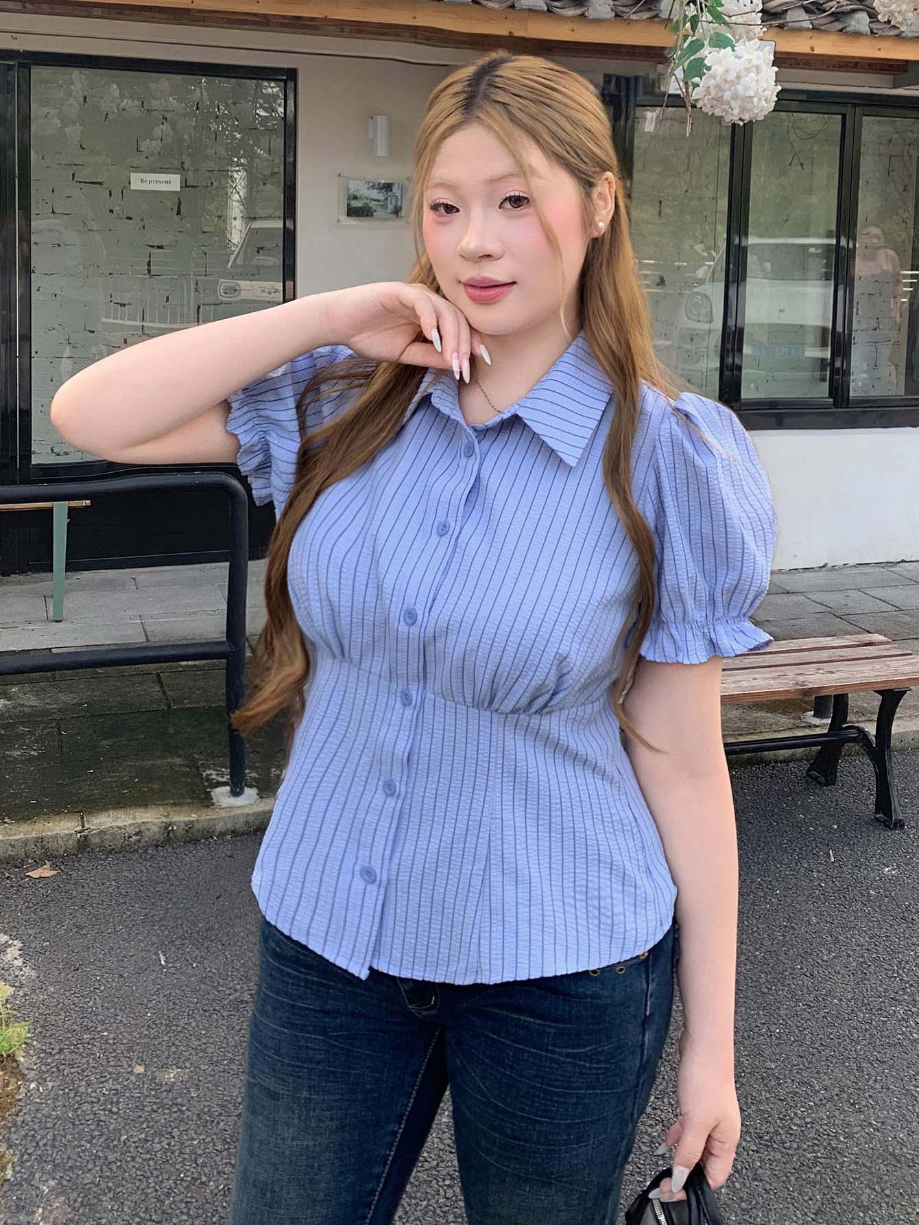 Bijouette 春夏梭織條紋大尺碼單排扣襯衫 - 藍色 - 查看 1