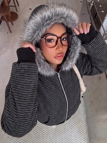 SHEIN 青少年女孩長袖抓絨秋季休閒條紋針織拉鍊連帽衛衣，附人造毛領，假日穿搭 - 黑色 - 查看 1