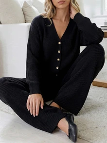 SHEIN Solid Rhinestone Button Front Knit Cardigan High Waist Wide Leg Pants Set Brunch Everyday Black Autumn Winter Casual - Black - View 3