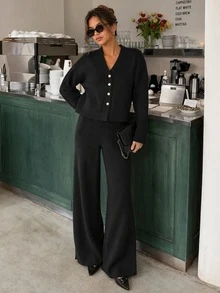 SHEIN Solid Rhinestone Button Front Knit Cardigan High Waist Wide Leg Pants Set Brunch Everyday Black Autumn Winter Casual - Black - View 1