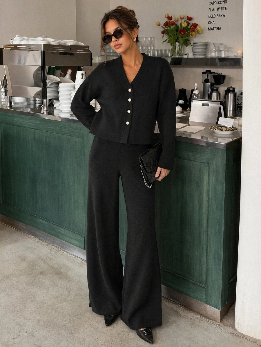 SHEIN Solid Rhinestone Button Front Knit Cardigan High Waist Wide Leg Pants Set Brunch Everyday Black Autumn Winter Casual - Black - View 1