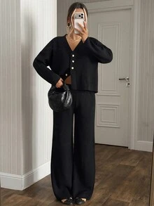 SHEIN Solid Rhinestone Button Front Knit Cardigan High Waist Wide Leg Pants Set Brunch Everyday Black Autumn Winter Casual - Black - View 9