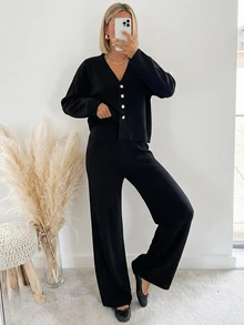 SHEIN Solid Rhinestone Button Front Knit Cardigan High Waist Wide Leg Pants Set Brunch Everyday Black Autumn Winter Casual - Black - View 11