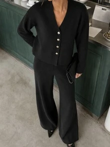 SHEIN Solid Rhinestone Button Front Knit Cardigan High Waist Wide Leg Pants Set Brunch Everyday Black Autumn Winter Casual - Black - View 2