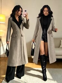SHEIN Raffinéa Elegant High-End Lapel Long Loose Overcoat Women Winter Outerwear Suitable For Office Commute Style Party Colorblock Tweed Overcoat - Khaki - View 3