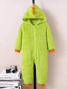 SHEIN Kids Casual Cute Dinosaur Pattern Cartoon Plush Long Sleeve Long Winter Pants Jumpsuit - Green - View 1