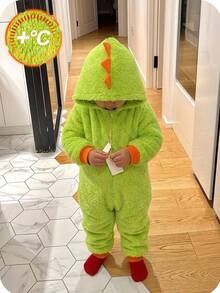 SHEIN Kids Casual Cute Dinosaur Pattern Cartoon Plush Long Sleeve Long Winter Pants Jumpsuit - Green - View 3