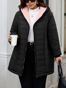 Reflora Plus Zip Up Hooded Padded Coat Office Family Vacation Fuchsia Pink Winter - Black - View 6