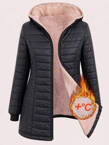 Reflora Plus Zip Up Hooded Padded Coat Office Family Vacation Fuchsia Pink Winter - Black - View 2