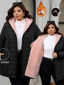 Reflora Plus Zip Up Hooded Padded Coat Office Family Vacation Fuchsia Pink Winter - Black - View 11