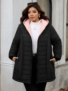 Reflora Plus Zip Up Hooded Padded Coat Office Family Vacation Fuchsia Pink Winter - Black - View 5
