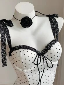 Comfortcana Women's Contrast Lace Cute Polka Dot Strap Bralette - Black and White - View 5