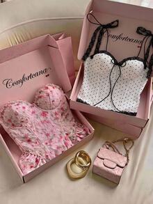 Comfortcana Women's Contrast Lace Cute Polka Dot Strap Bralette - Black and White - View 8
